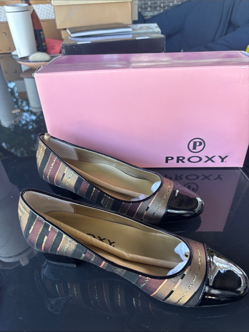Roxy Metallic Striped Flats with Black Patent Cap Toe